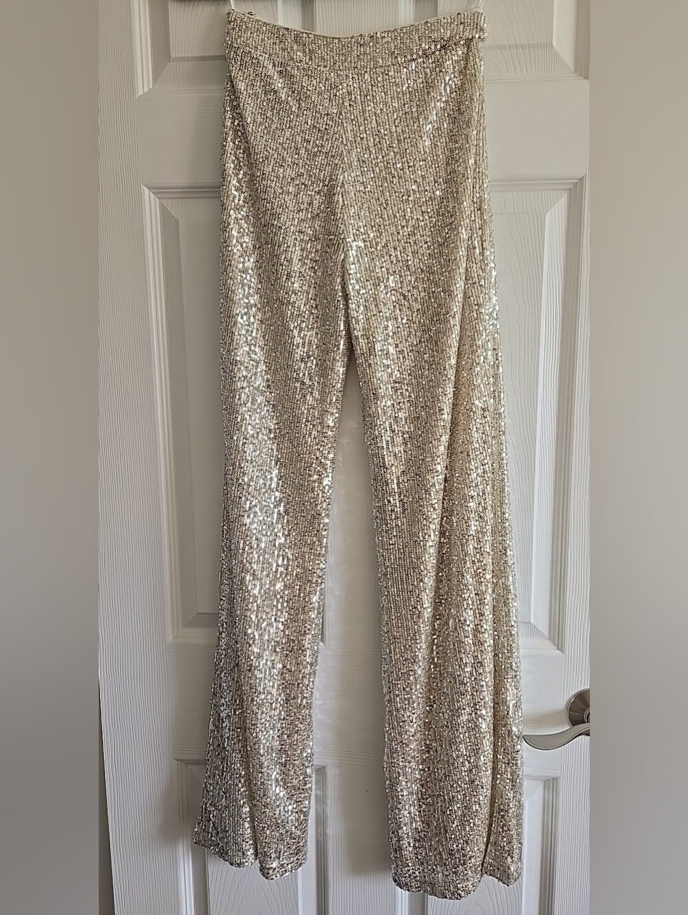 Women's Aakaa Long Silver Sequin Wide Leg Lined Side Zip Pant SIze Small